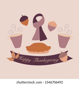 Vector thanks giving illustration with coffee cups, pie and. nuts, perfect to use on the web or in print