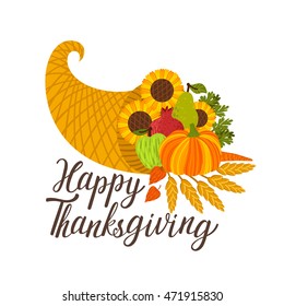 Vector Thanksgiving background with cornucopia and  text "Happy Thanksgiving". Horn of plenty with pumpkin, pomegranate, apple, pear, carrot, sunflowers, physalis, wheat ears. Harvest festival card.
