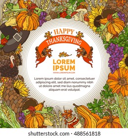 Vector Thanksgiving background. Traditional harvest symbols and food. Turkey, cornucopia, pilgrim's hat, pumpkin, corn, wheat, grape, sunflower, fruit and vegetable, autumn leaves and others.