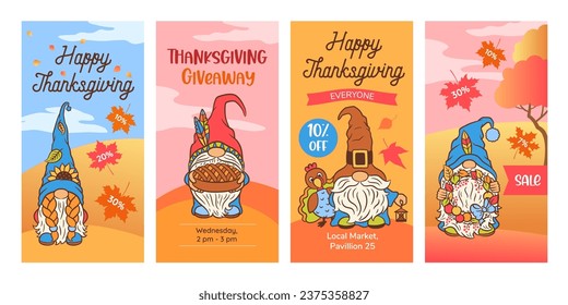 Vektorgrafik-Thanksgiving-Banner mit Gnome. Herbst-Design für Social Media-Geschichte. Cute Herbstskandinavier Gnome auf gelbem orangefarbenem Hintergrund mit Kopienraum. Herbstsenbanner, Herbstflyer, Geschichten.