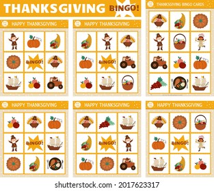 Juego de tarjetas de bingo vectorial Thanksgiving. Juego de mesa de loto familiar divertido con pavo lindo, calabaza, peregrino para los niños. Actividades de lotería de vacaciones de otoño. Hoja de trabajo simple imprimible educacional.
