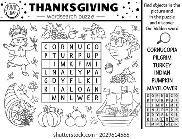 Vector Thanksgiving black and white wordsearch puzzle for kids. Simple line autumn camp crossword with traditional symbols. Coloring keyword activity with turkey, pilgrim, pumpkin, American