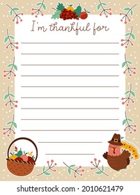 Vector Thanksgiving card. Im thankful for vertical letter template with cute turkey, basket with apples, fruit harvest. Autumn holiday frame design for kids.
