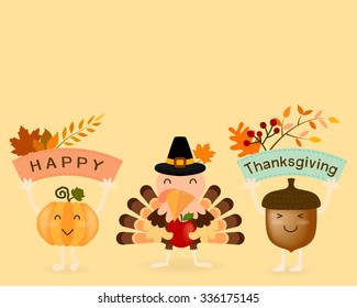 Vector Thanksgiving card, postcard or banner, design in cartoon character of lovely turkey holding red apple with happy face pumpkin and brown acorn are holding banner in hands on yellow background.