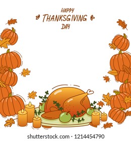 vector thanksgiving card with turkey, pumpkin, candles and leaves