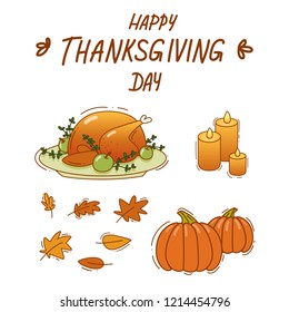 vector thanksgiving card with turkey, pumpkin, candles and leaves