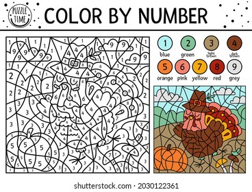 Vector Thanksgiving color by number activity with turkey and pumpkin in the field. Autumn holiday counting game with cute bird. Funny fall or farm coloring page for kids. 
