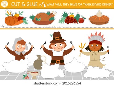 Vector Thanksgiving cut and glue activity. Autumn educational crafting game with cute pilgrims, native American Indian, holiday food. Fall printable worksheet for kids. What will they have for dinner