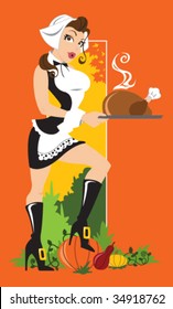 Vector - Thanksgiving Cutie. Cute pilgrim woman can be used separately from the background. Flat orange background color is also on a separate layer.