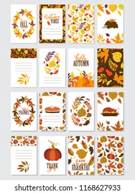 Vector Thanksgiving day  and Autumn greeting cards, flyers, banners, posters templates. Hand drawn symbols, pumpkin pie, turkey, autumn leaves and handwritten lettering. Thanksgiving day vector collec