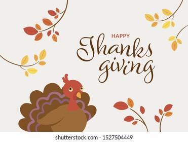 Vector thanksgiving day banner horizontal template illustration. Text with turkey symbol and color leaves on grey background. Design for colorful season holiday poster, greeting card, shirt print.