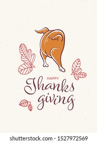 Vector thanksgiving day banner vertical template illustration. Text with roasted turkey and leaf isolated on grey background. Design for colorful season holiday poster, greeting card, shirt print.