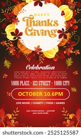 vector of Thanksgiving day celebration poster template with pumpkins foliage and autumn leaves