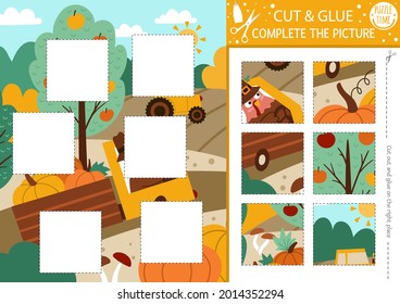 Vector Thanksgiving day cut and glue activity. Autumn crafting game with cute farm harvest scene with turkey. Fun printable worksheet for children. Find the right piece of the puzzle. Complete picture