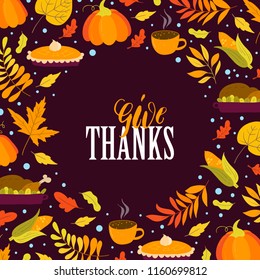Vector Thanksgiving day greeting card with pumpkins, maple leaves, corn and turkeys on white background. Perfect for holiday invitations