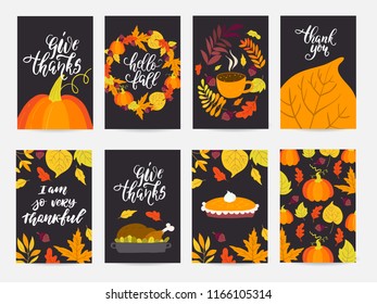 Vector Thanksgiving day greeting card, flyer, banner, poster templates. Hand drawn symbols, pumpkin pie, turkey and handwritten lettering. Thanksgiving day vector collection.
