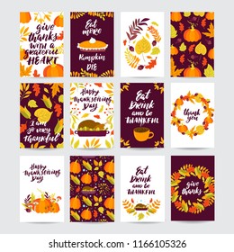 Vector Thanksgiving day greeting card, flyer, banner, poster templates. Hand drawn symbols, pumpkin pie, turkey and handwritten lettering. Thanksgiving day vector collection.