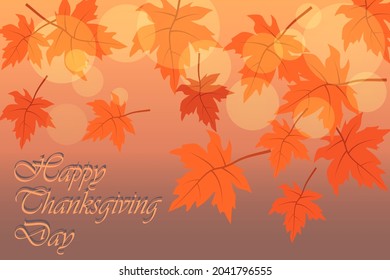 Vector Thanksgiving day greeting card with maple leaves bokeh and lettering
