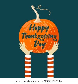 Vector Thanksgiving Day Greeting Card. Hands holding a large pumpkin on a dark turquoise background. Illustration in a trending style.