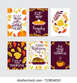 Vector Thanksgiving day greeting card, flyer, banner, poster templates. Hand drawn symbols, pumpkin pie, turkey and handwritten lettering. Thanksgiving day vector collection.