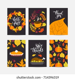 Vector Thanksgiving day greeting card, flyer, banner, poster templates. Hand drawn symbols, pumpkin pie, turkey and handwritten lettering. Thanksgiving day vector collection.