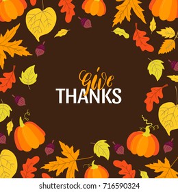 Vector Thanksgiving day greeting card with pumpkins, maple leaves, mushrooms and acorns on white background. Perfect for holiday invitations