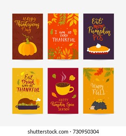 Vector Thanksgiving day greeting card, flyer, banner, poster templates. Hand drawn symbols, pumpkin pie, turkey and handwritten lettering. Thanksgiving day vector collection.