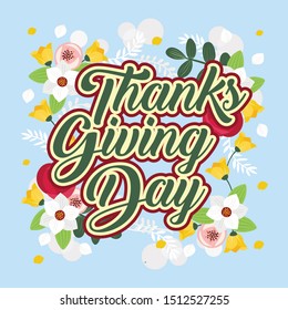 vector thanksgiving day greeting lettering phrase - happy thanksgiving day - on blue background with leaves.