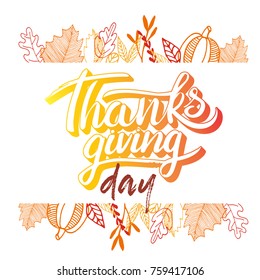 Vector thanksgiving day greeting lettering phrase. Happy thanksgiving with round frame of autumn leaves, pumpkin on white blackboard.