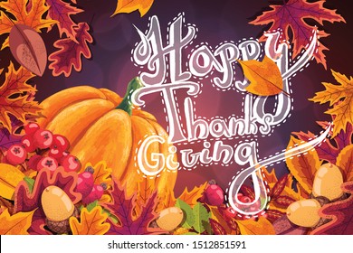 Vector Thanksgiving Day hand-drawn autumn bacgkround with lettering.