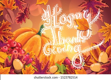 Vector Thanksgiving Day hand-drawn autumn bacgkround with lettering.