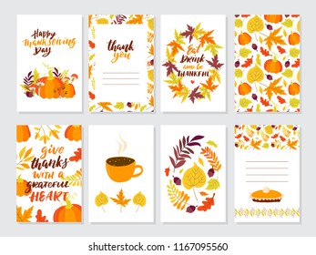 Vector Thanksgiving day invitation and greeting card, flyer, banner, poster templates. Hand drawn symbols, cute design elements, and handwritten lettering. Thanksgiving day vector collection.