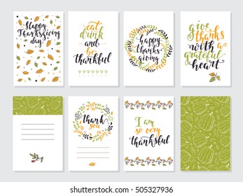 Vector Thanksgiving day invitation and greeting card, flyer, banner, poster templates. Hand drawn symbols, cute design elements, and handwritten ink lettering. Thanksgiving day vector collection.