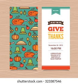 Vector Thanksgiving Day invitayion template with turkey, pie, pumpkin, settlers hat, autumn leaves and vegetables. Modern line art design for web, site, advertising, banner, poster, board and print. 