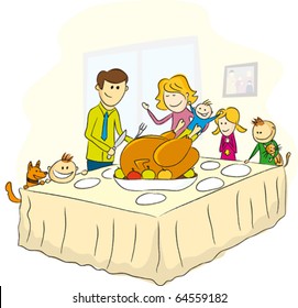 Vector Thanksgiving Day Picture, Family Near The Table And Turkey