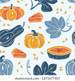 Fondo Repetidor Del Día De Acción De Gracias Del Vector. Patrón sin problemas de la cosecha de otoño. Pie de calabaza, hojas y diferentes variedades de calabazas. Comida saludable. Ilustración de panadería y verduras.