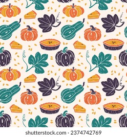 Fondo Repetidor Del Día De Acción De Gracias Del Vector. Patrón sin problemas de la cosecha de otoño. Pie de calabaza, hojas y diferentes variedades de calabazas. Comida saludable. Ilustración de panaderías y verduras