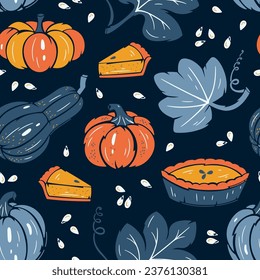 Día de Acción de Gracias del vector, que repite fondo azul. Patrón sin problemas de la cosecha de otoño. Pie de calabaza, hojas y diferentes variedades de calabazas. Comida saludable. Ilustración de panaderías y verduras