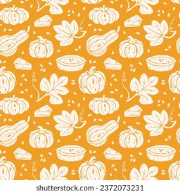 Día de Acción de Gracias del Vector Repitiendo fondo naranja. Patrón sin problemas de la cosecha de otoño. Pie de calabaza, hojas y diferentes variedades de calabazas. Comida saludable. Ilustración de panaderías y verduras