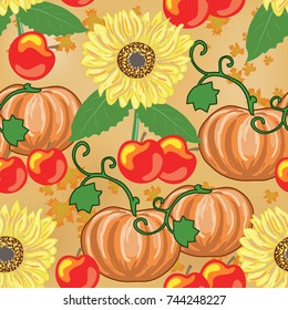 Vector of Thanksgiving day seamless background.Seamless pattern with pumpkin,apples,sunflowers and maple`s leaves