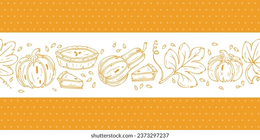 Vector Thanksgiving Day Seamless Border. Tape of Autumn Harvest Symbols. Outline Pumpkin Pie, Leaves and Different Varieties of Pumpkins. Healthy Food. Bakery and Vegetables illustration.