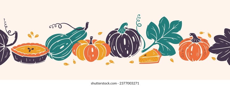 Vector Thanksgiving Day Seamless Border. Tape of Autumn Harvest Symbols. Pumpkin Pie, Leaves and Different Varieties of Pumpkins. Healthy Food. Bakery and Vegetables illustration.