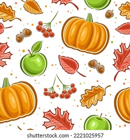 Vector Thanksgiving Day seamless pattern, square repeating background with illustrations of falling leaves, green apples and rowan branches on white background, wrapping paper for thanksgiving day