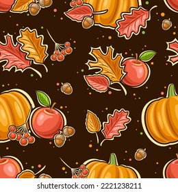 Vector Thanksgiving Day seamless pattern, square repeating background with illustrations of different autumn still life compositions on dark background, wrapping paper for thanksgiving day holiday