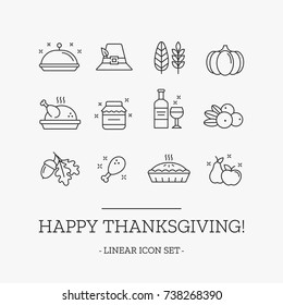 Vector Thanksgiving day thin line icons. Collection of holiday traditional elements. Modern outline symbols.