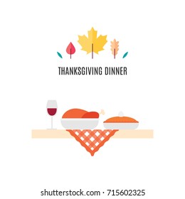 Vector Thanksgiving dinner greeting card in simple flat style. Holiday poster, invitation