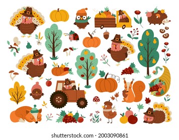 Vector Thanksgiving elements set. Autumn icons collection with funny turkey, animals, harvest, cornucopia, pumpkins, trees. Fall holiday pack with car, tractor, fruit, vegetables