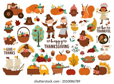 Vector Thanksgiving elements set. Autumn icons collection with funny pilgrims, native American, turkey, animals, harvest, cornucopia, pumpkins, trees. Fall holiday pack with car, tractor, fruit