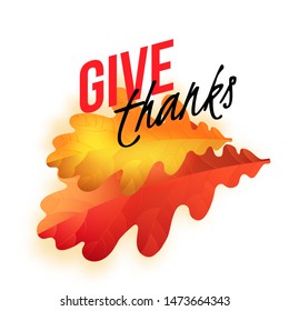 Vector thanksgiving greeting card with hand lettering label - enjoy thanksgiving day - and autumn realistic oak leaves on blue background.