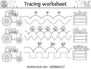 Hoja de trabajo de práctica de escritura a mano de vectores de Acción de Gracias. Actividad en blanco y negro imprimible de otoño para niños en edad preescolar. Juego de rastreo de caídas para escribir habilidades con el pavo lindo y las aves en el tractor, cosecha
